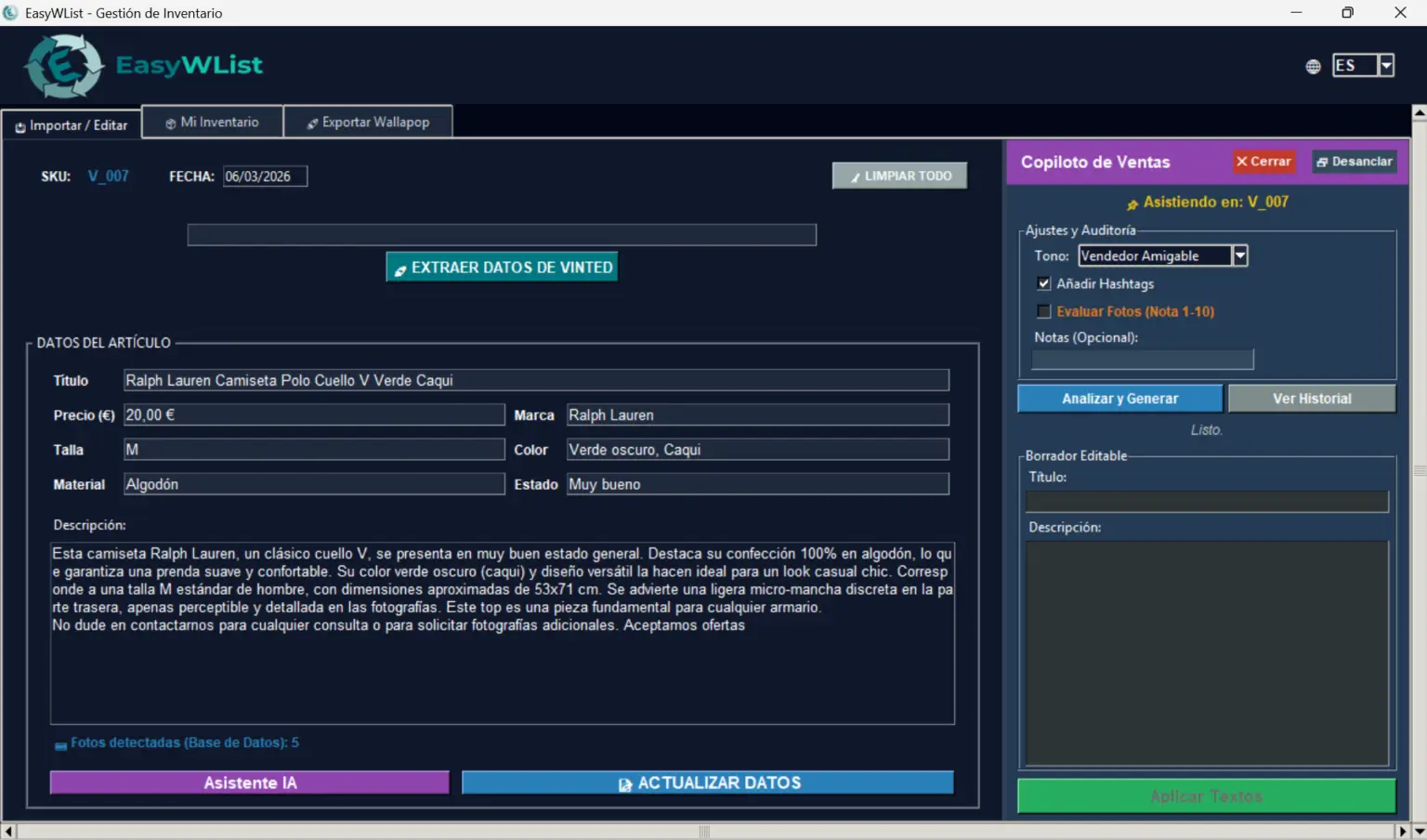 Demostración de EasyWList copiando anuncios de Vinted a Wallapop automáticamente para ganar puntos.