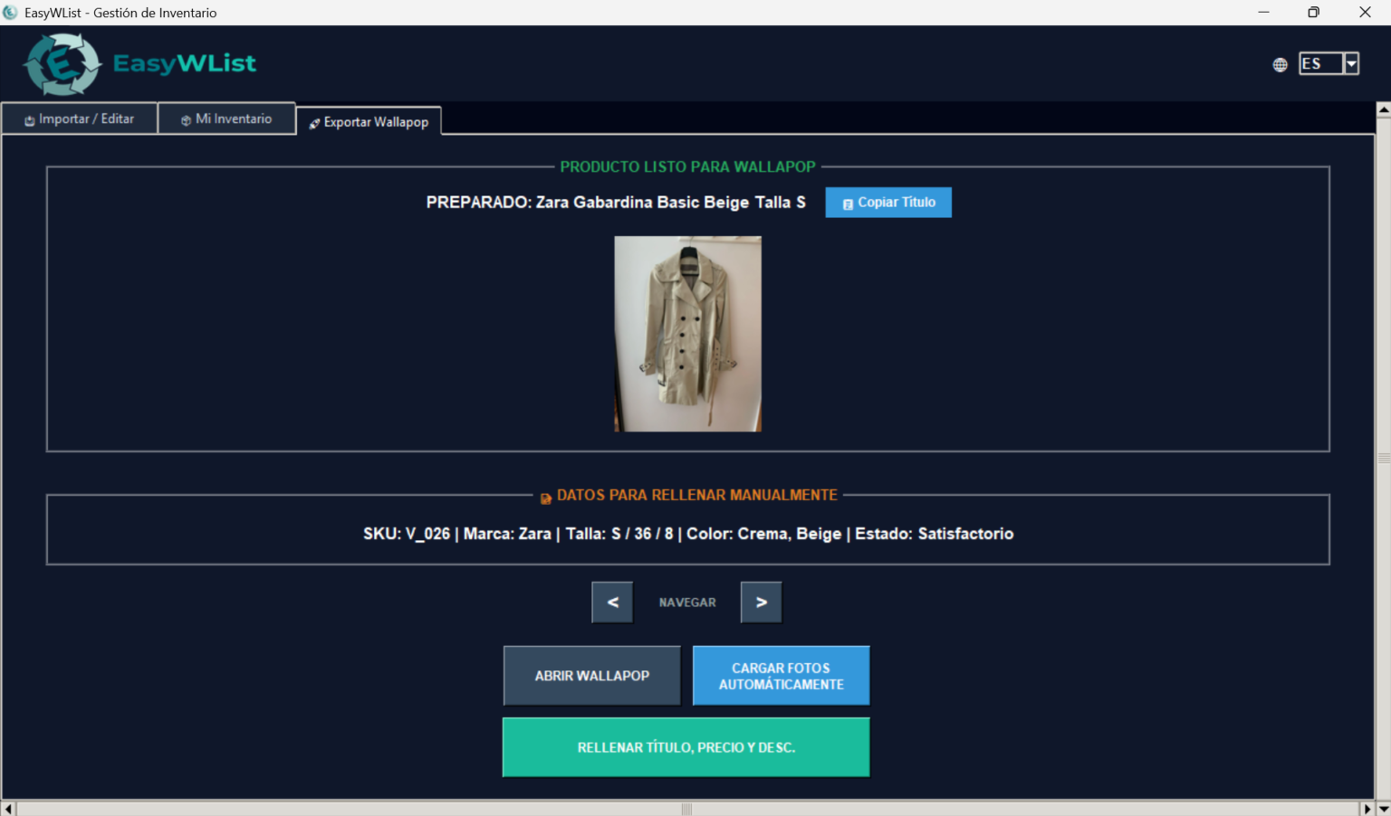 Nuova schermata di esportazione su Wallapop in EasyWList con anteprima dell'immagine e pulsante di copia rapida.