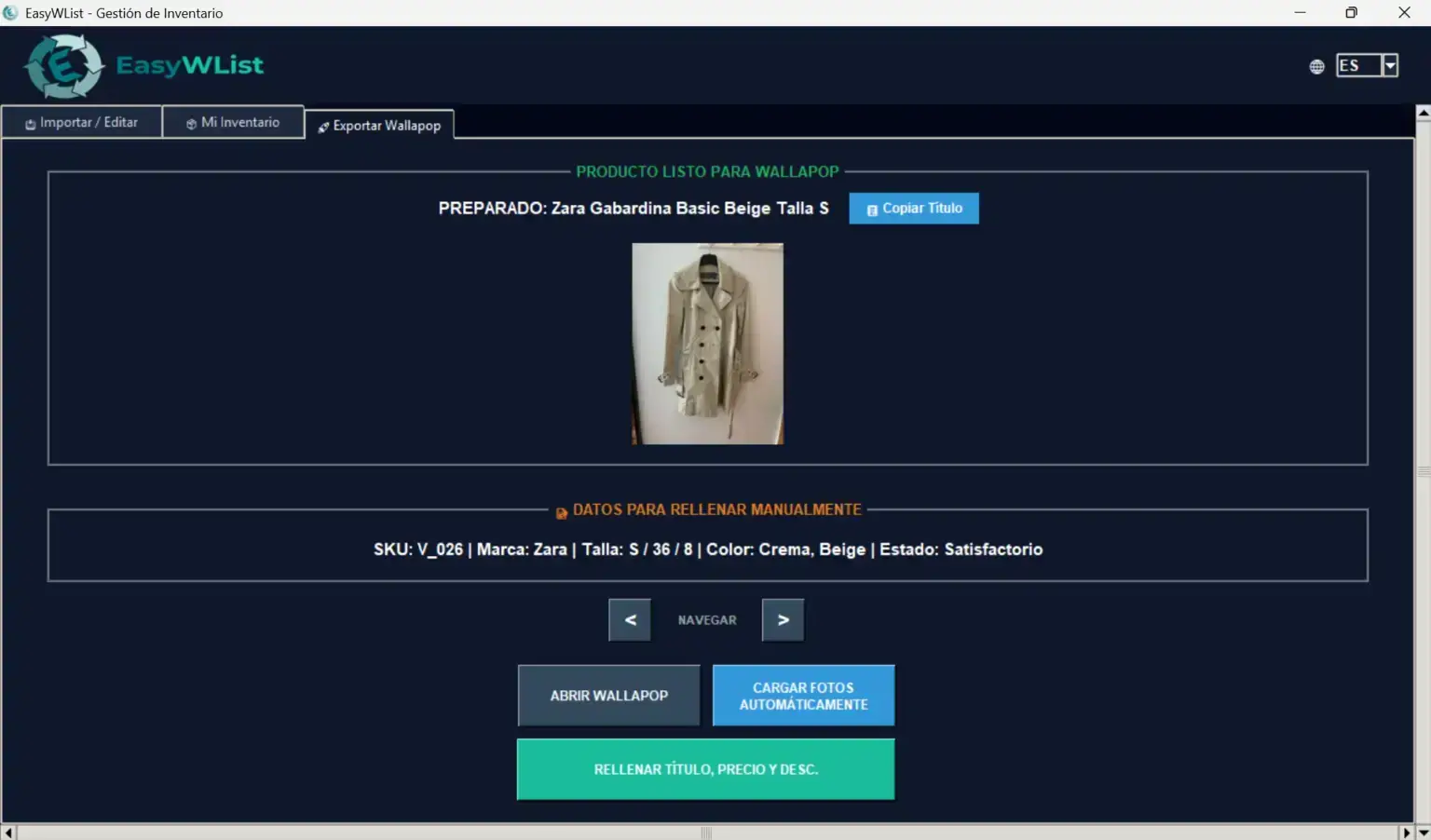 Nueva pantalla de exportación a Wallapop en EasyWList con previsualización de imagen y botón de copiado rápido.