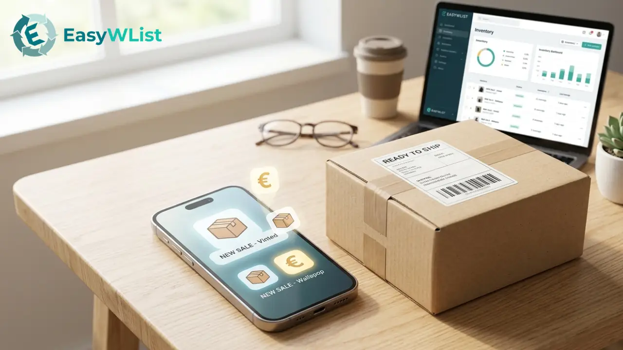 Vendedor de segunda mano preparando paquetes de envíos generados por ventas en Vinted y Wallapop.