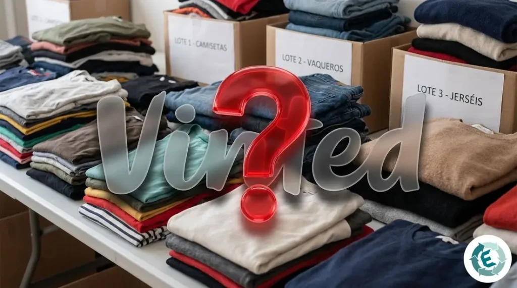 Logo di Vinted ombreggiato con un punto interrogativo rosso su uno sfondo di vestiti ammucchiati a lotti.
