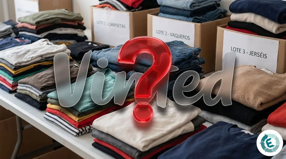 Logo di Vinted ombreggiato con un punto interrogativo rosso su uno sfondo di vestiti ammucchiati a lotti.