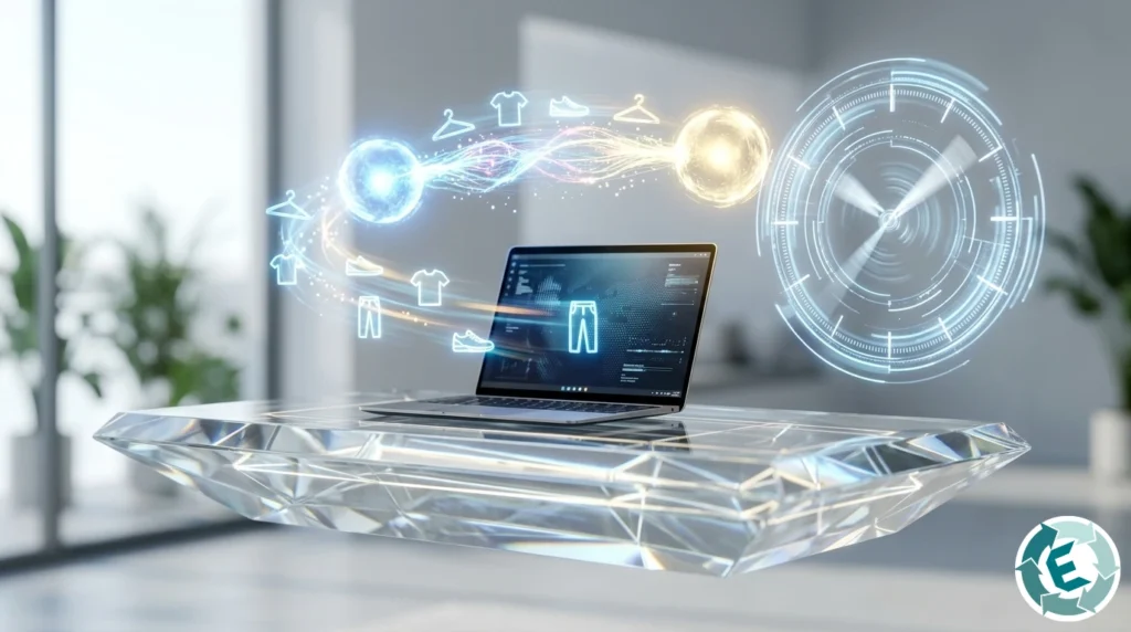 Puente de luz digital transfiriendo prendas de ropa rápidamente.