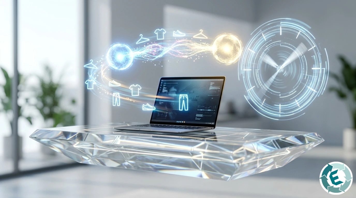 Puente de luz digital transfiriendo prendas de ropa rápidamente.