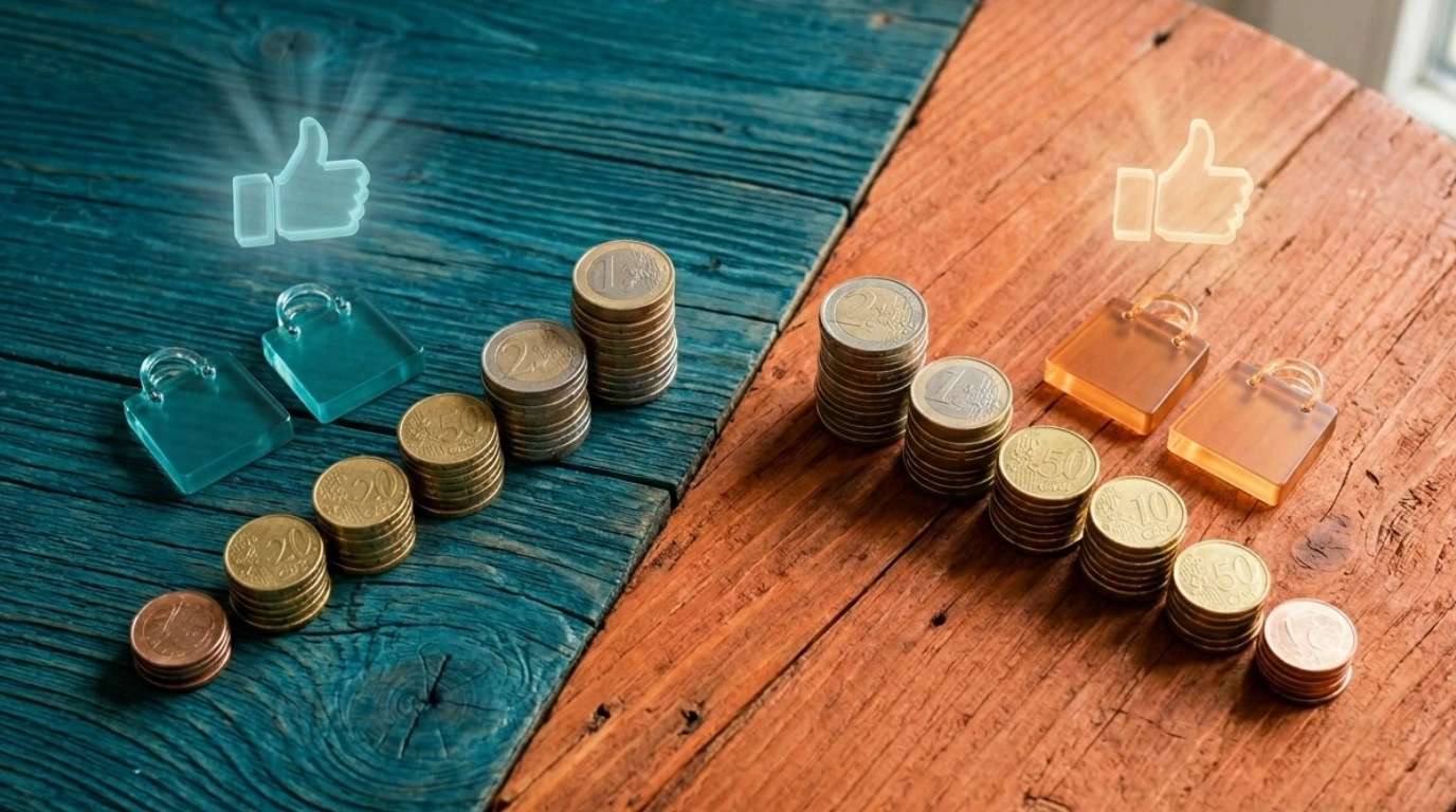 Escritorio dividido con monedas de euro y símbolo de éxito.