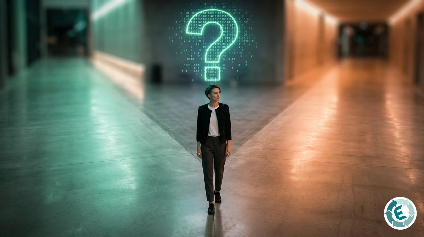 Un vendedor de ropa de segunda mano dudando entre dos caminos de luz.