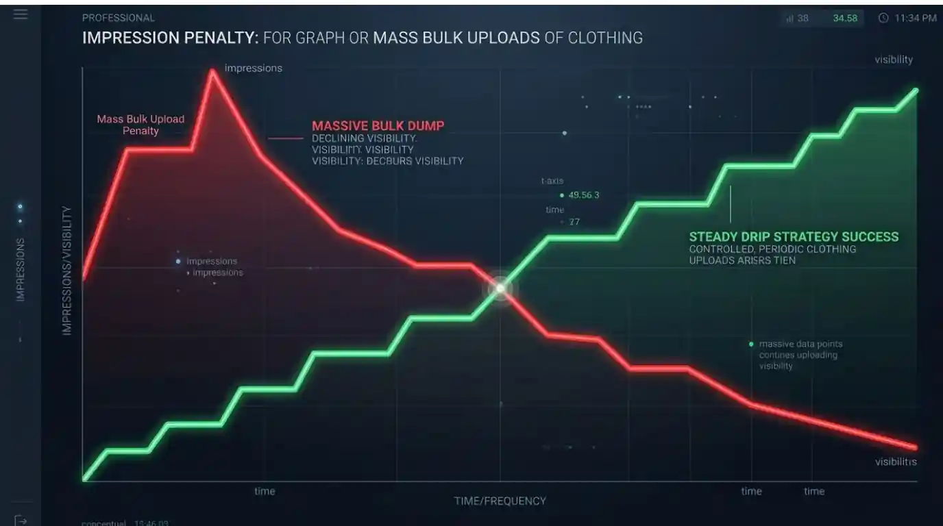 Graph showing impression penalty for uploading too many clothes on Vinted instead of drip feeding.