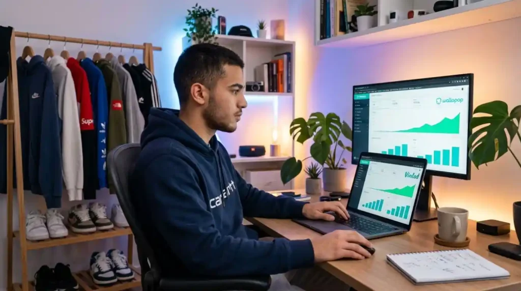 Seller analysing metrics to see how to get more views on Vinted on a computer.