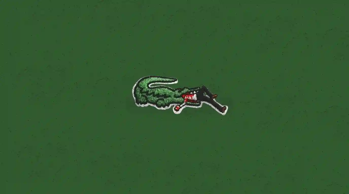 Parody of an embroidered crocodile patch in Lacoste style devouring a character on a green background