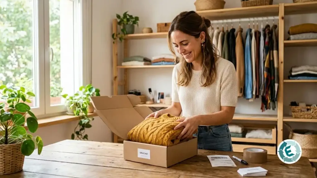Mujer sonriente empaquetando ropa vendida tras optimizar sus anuncios en Vinted y Wallapop.