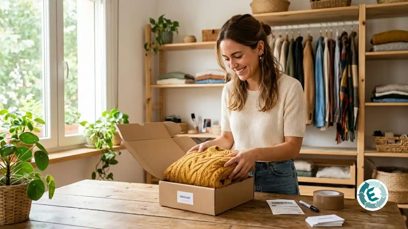 Mujer sonriente empaquetando ropa vendida tras optimizar sus anuncios en Vinted y Wallapop.